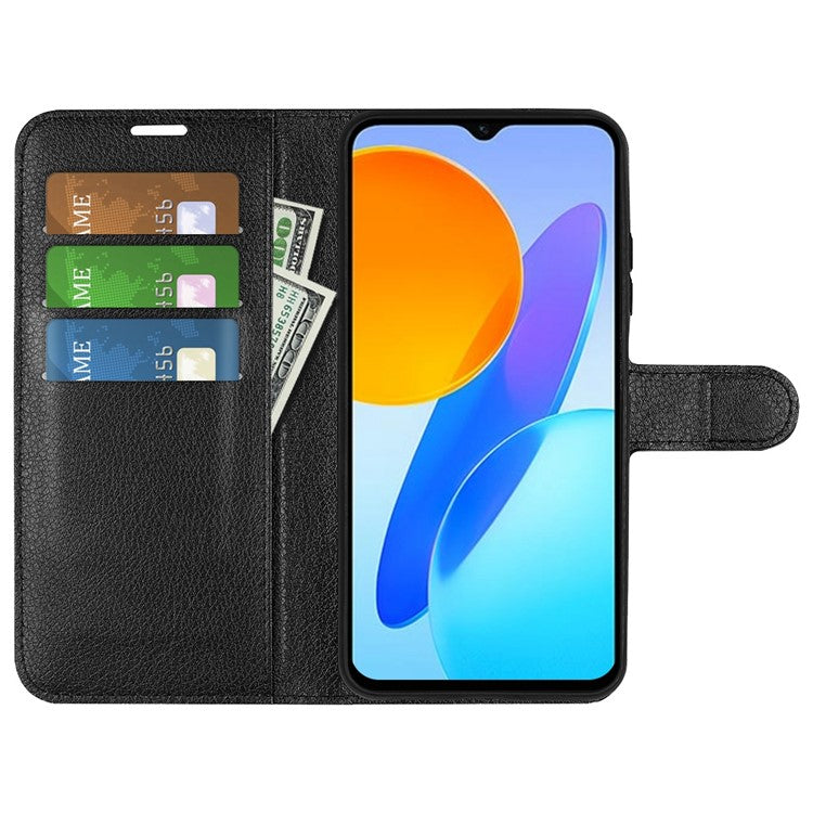 For Honor X8 5G Stand Wallet Phone Case Litchi Texture PU Leather + TPU Folio Flip Magnetic Clasp Cover - Black