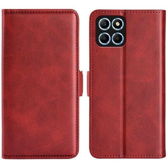 For Honor X8 5G PU Leather Dual Magnetic Clasp Phone Case Calf Texture Stand Wallet Anti-drop Cover - Red