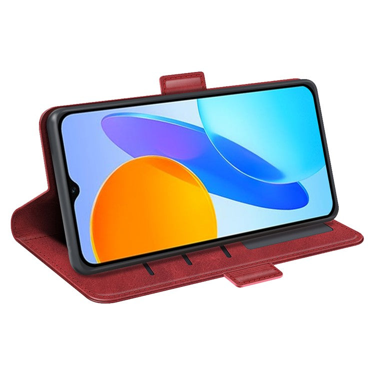 For Honor X8 5G PU Leather Dual Magnetic Clasp Phone Case Calf Texture Stand Wallet Anti-drop Cover - Red