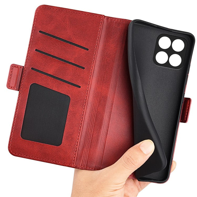 For Honor X8 5G PU Leather Dual Magnetic Clasp Phone Case Calf Texture Stand Wallet Anti-drop Cover - Red