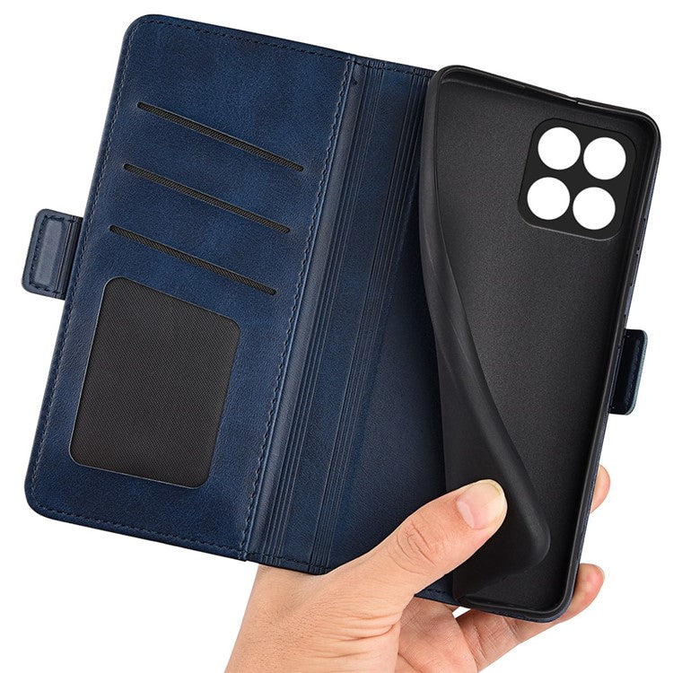 For Honor X8 5G PU Leather Dual Magnetic Clasp Phone Case Calf Texture Stand Wallet Anti-drop Cover - Blue