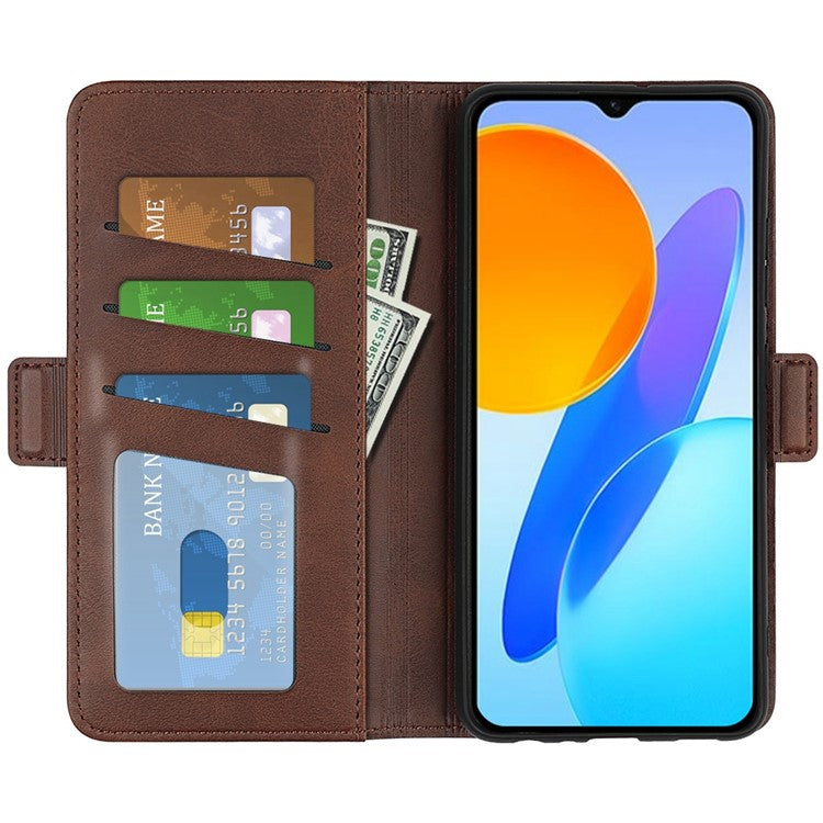 For Honor X8 5G PU Leather Dual Magnetic Clasp Phone Case Calf Texture Stand Wallet Anti-drop Cover - Brown