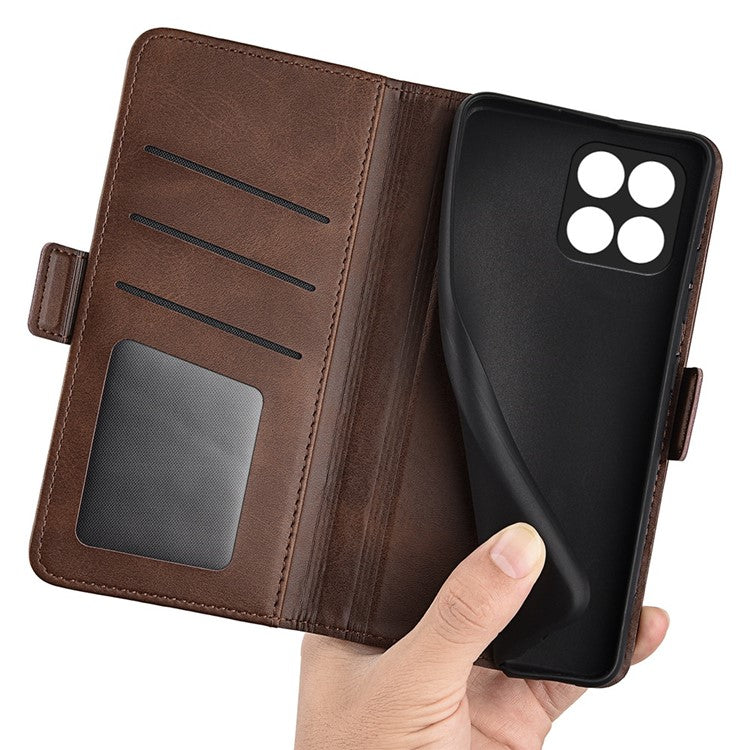 For Honor X8 5G PU Leather Dual Magnetic Clasp Phone Case Calf Texture Stand Wallet Anti-drop Cover - Brown