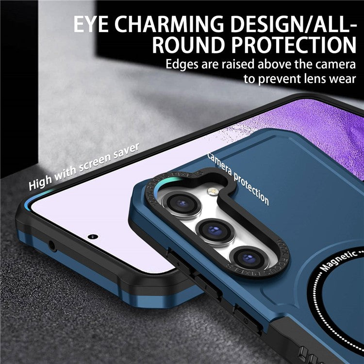 For Samsung Galaxy S23+ Camera Lens Frame Design Phone Cover Magnetic Wireless Charging PC + TPU Shockproof Case - Dark Blue
