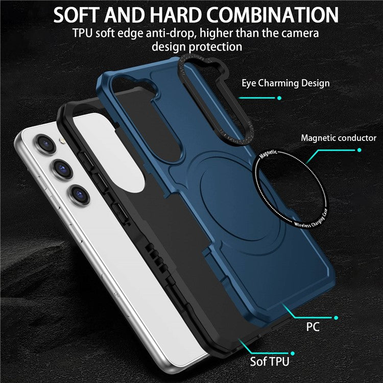 For Samsung Galaxy S23+ Camera Lens Frame Design Phone Cover Magnetic Wireless Charging PC + TPU Shockproof Case - Dark Blue