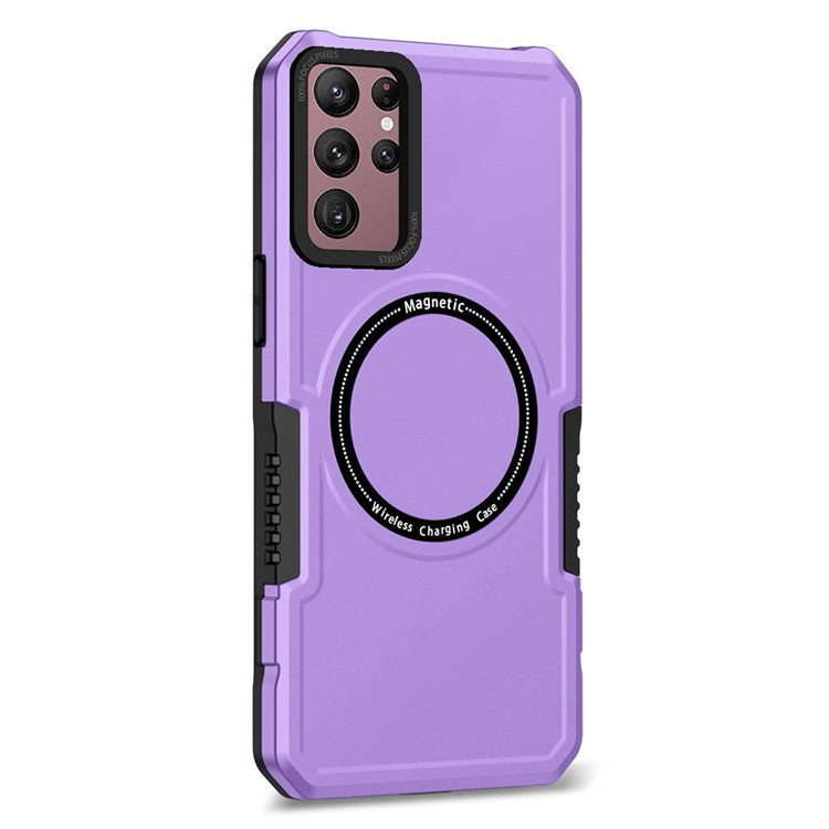 For Samsung Galaxy S22 Ultra 5G Camera Lens Frame Design Phone Cover Hard PC + Soft TPU Anti-drop Case Magnetic Wireless Charging - Purple