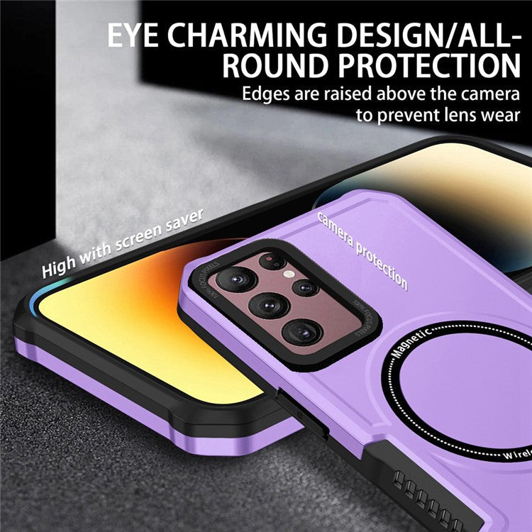 For Samsung Galaxy S22 Ultra 5G Camera Lens Frame Design Phone Cover Hard PC + Soft TPU Anti-drop Case Magnetic Wireless Charging - Purple