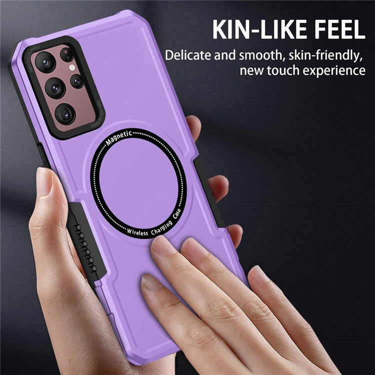 For Samsung Galaxy S22 Ultra 5G Camera Lens Frame Design Phone Cover Hard PC + Soft TPU Anti-drop Case Magnetic Wireless Charging - Purple