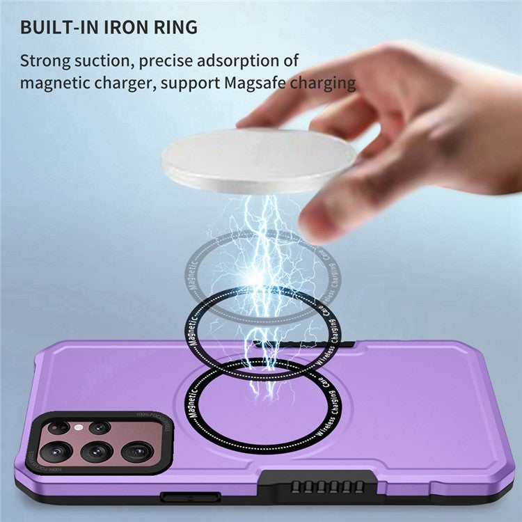 For Samsung Galaxy S22 Ultra 5G Camera Lens Frame Design Phone Cover Hard PC + Soft TPU Anti-drop Case Magnetic Wireless Charging - Purple