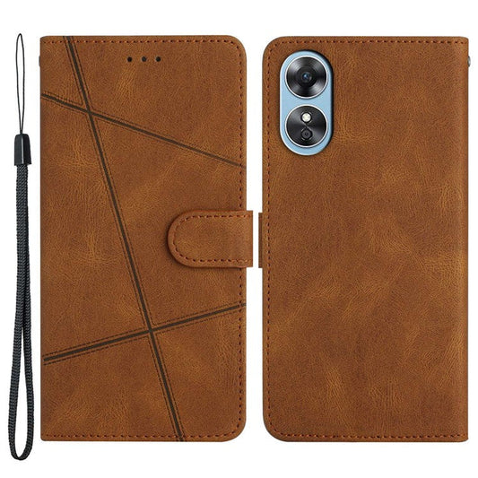 Wallet Phone Case for Oppo A17 4G / A17k 4G Lines Imprinted Protective Case Crazy Horse Texture PU Leather Cover with Strap - Brown