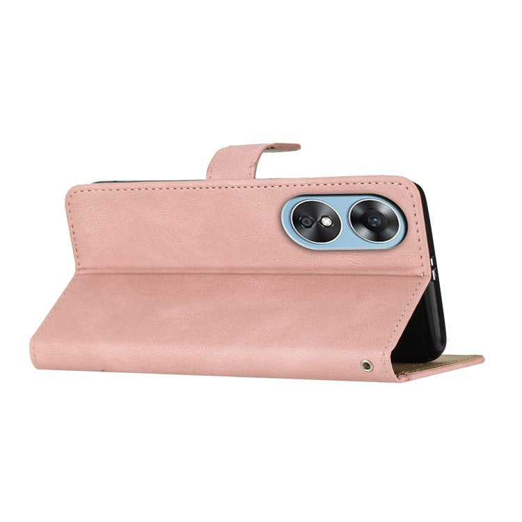 Wallet Phone Case for Oppo A17 4G / A17k 4G Lines Imprinted Protective Case Crazy Horse Texture PU Leather Cover with Strap - Rose Gold