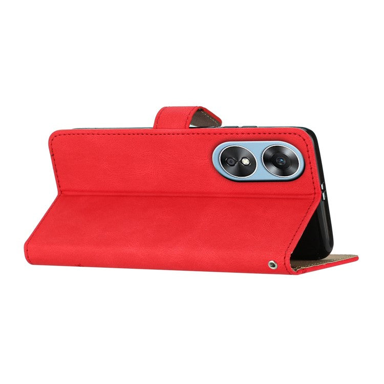 Wallet Phone Case for Oppo A17 4G / A17k 4G Lines Imprinted Protective Case Crazy Horse Texture PU Leather Cover with Strap - Red