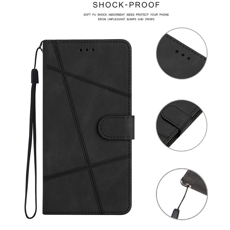 Wallet Phone Case for Oppo A17 4G / A17k 4G Lines Imprinted Protective Case Crazy Horse Texture PU Leather Cover with Strap - Black