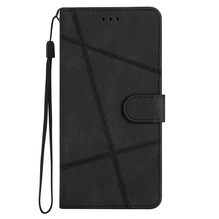 Wallet Phone Case for Oppo A17 4G / A17k 4G Lines Imprinted Protective Case Crazy Horse Texture PU Leather Cover with Strap - Black