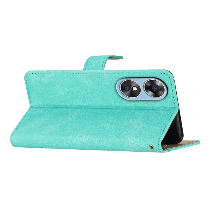 Wallet Phone Case for Oppo A17 4G / A17k 4G Lines Imprinted Protective Case Crazy Horse Texture PU Leather Cover with Strap - Green