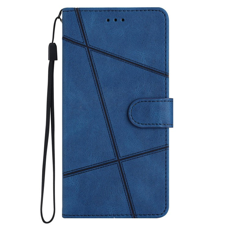 Wallet Phone Case for Oppo A17 4G / A17k 4G Lines Imprinted Protective Case Crazy Horse Texture PU Leather Cover with Strap - Blue