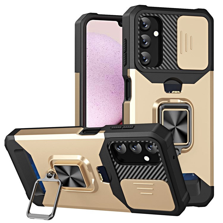 For Samsung Galaxy A14 5G / A14 4G Card Holder Kickstand Phone Case Hard PC Soft TPU Hybrid Cover with Slide Camera Lens Protector - Gold