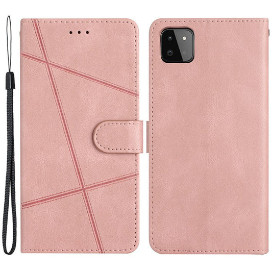 For Samsung Galaxy A22 5G (EU Version) Crazy Horse Texture PU Leather Case Imprinted Lines Wallet Stand Full Protection Flip Phone Cover with Strap - Rose Gold