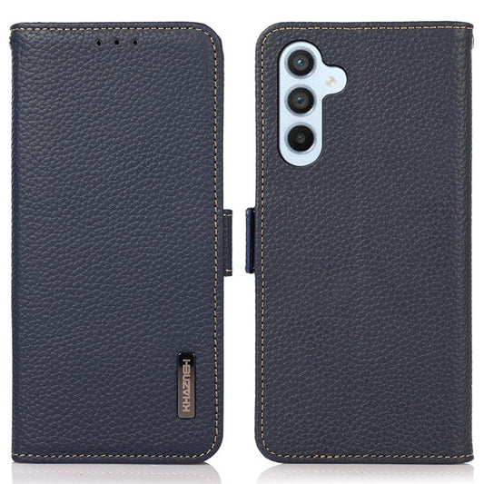 KHAZNEH for Samsung Galaxy A54 5G RFID Blocking Litchi Texture Genuine Leather Case Magnetic Clasp Phone Wallet Stand Cover - Blue