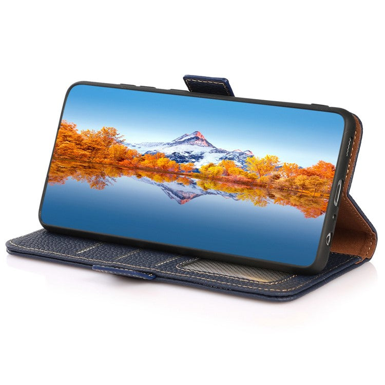 KHAZNEH for Samsung Galaxy A54 5G RFID Blocking Litchi Texture Genuine Leather Case Magnetic Clasp Phone Wallet Stand Cover - Blue