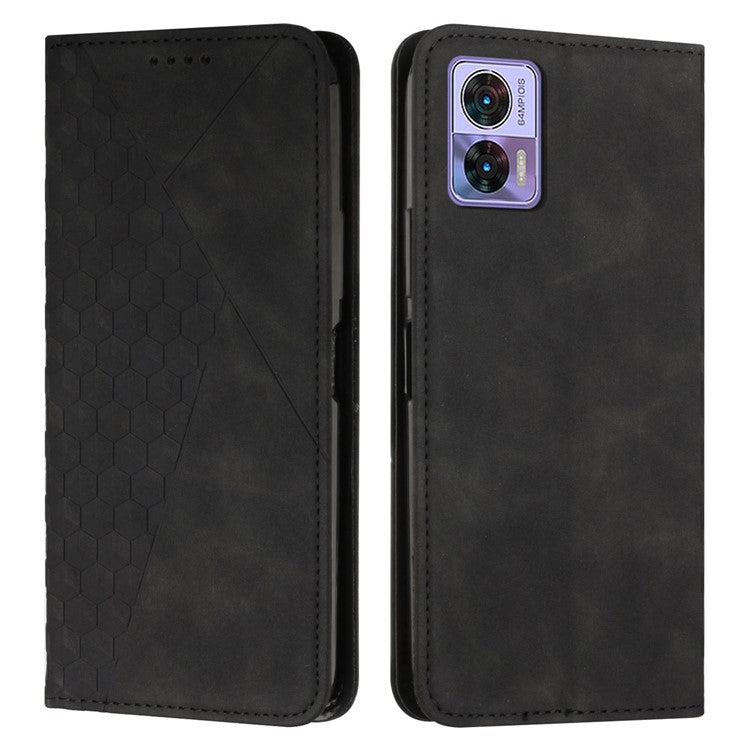 For Motorola Edge 30 Neo 5G / Edge 30 Lite Magnetic Auto-absorbed Anti-drop Phone Cover Skin-touch PU Leather Phone Case Imprinted Rhombus Pattern Wallet Stand - Black