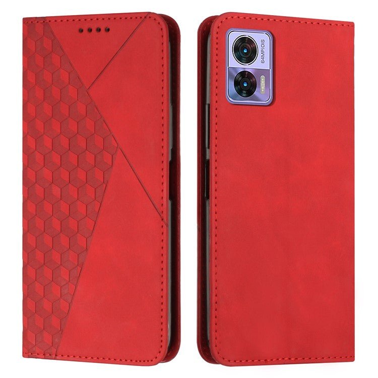 For Motorola Edge 30 Neo 5G / Edge 30 Lite Magnetic Auto-absorbed Anti-drop Phone Cover Skin-touch PU Leather Phone Case Imprinted Rhombus Pattern Wallet Stand - Red