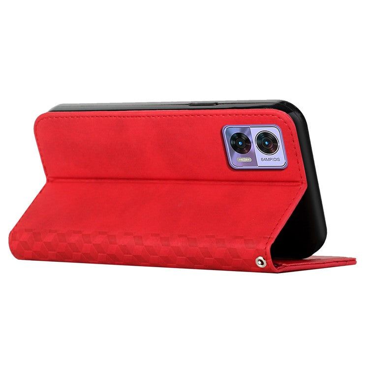 For Motorola Edge 30 Neo 5G / Edge 30 Lite Magnetic Auto-absorbed Anti-drop Phone Cover Skin-touch PU Leather Phone Case Imprinted Rhombus Pattern Wallet Stand - Red