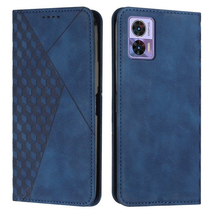 For Motorola Edge 30 Neo 5G / Edge 30 Lite Magnetic Auto-absorbed Anti-drop Phone Cover Skin-touch PU Leather Phone Case Imprinted Rhombus Pattern Wallet Stand - Sapphire