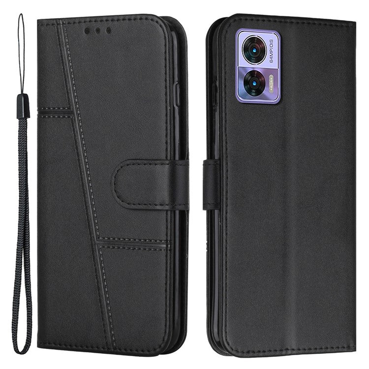 For Motorola Edge 30 Neo 5G Stitching Lines Magnetic Clasp PU Leather Case Stand Wallet Anti-drop Phone Cover with Strap - Black
