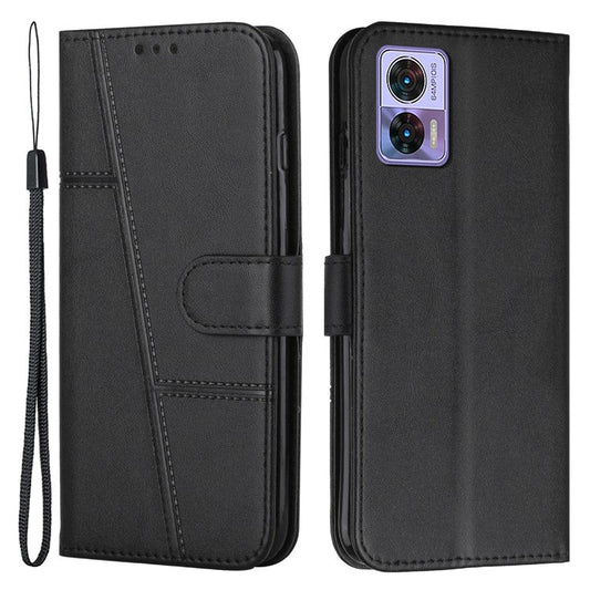 For Motorola Edge 30 Neo 5G Stitching Lines Magnetic Clasp PU Leather Case Stand Wallet Anti-drop Phone Cover with Strap - Black