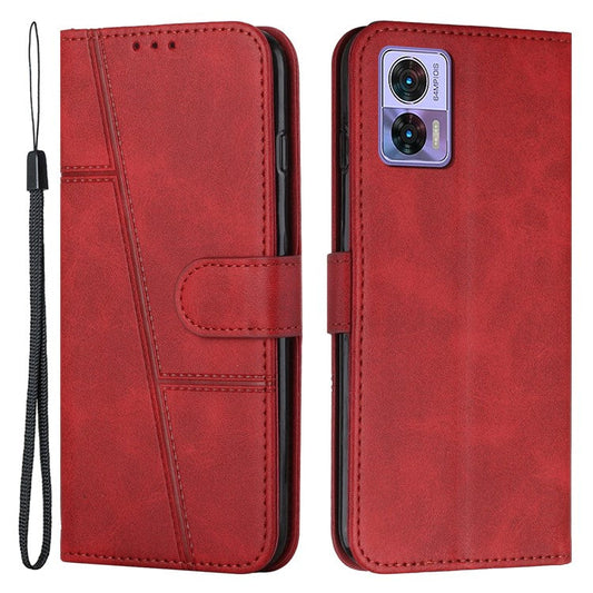 For Motorola Edge 30 Neo 5G Stitching Lines Magnetic Clasp PU Leather Case Stand Wallet Anti-drop Phone Cover with Strap - Red