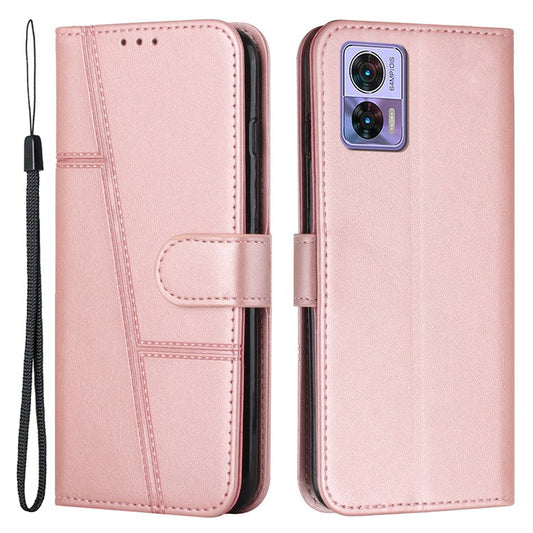 For Motorola Edge 30 Neo 5G Stitching Lines Magnetic Clasp PU Leather Case Stand Wallet Anti-drop Phone Cover with Strap - Rose Gold