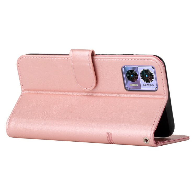 For Motorola Edge 30 Neo 5G Stitching Lines Magnetic Clasp PU Leather Case Stand Wallet Anti-drop Phone Cover with Strap - Rose Gold