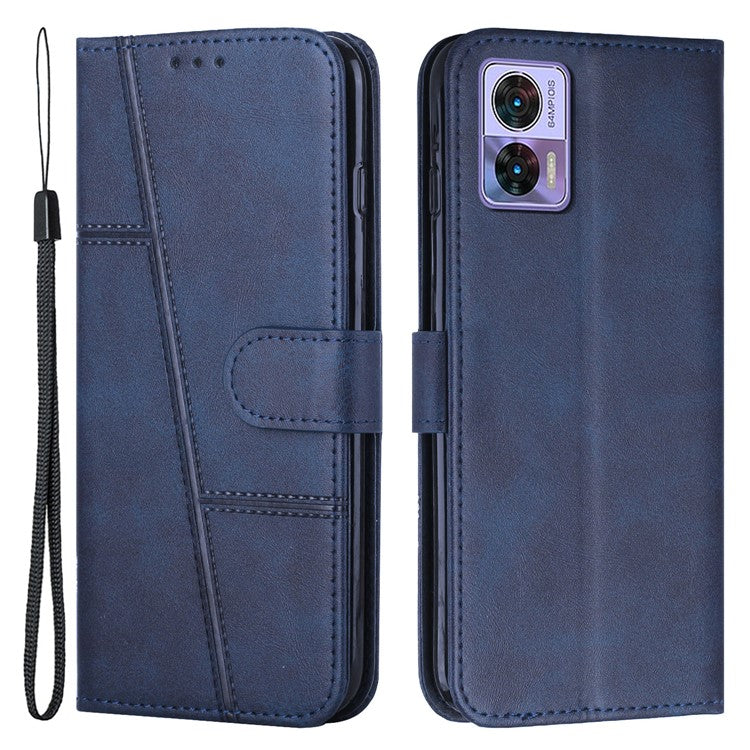 For Motorola Edge 30 Neo 5G Stitching Lines Magnetic Clasp PU Leather Case Stand Wallet Anti-drop Phone Cover with Strap - Sapphire