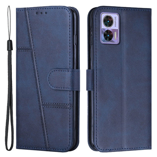 For Motorola Edge 30 Neo 5G Stitching Lines Magnetic Clasp PU Leather Case Stand Wallet Anti-drop Phone Cover with Strap - Sapphire