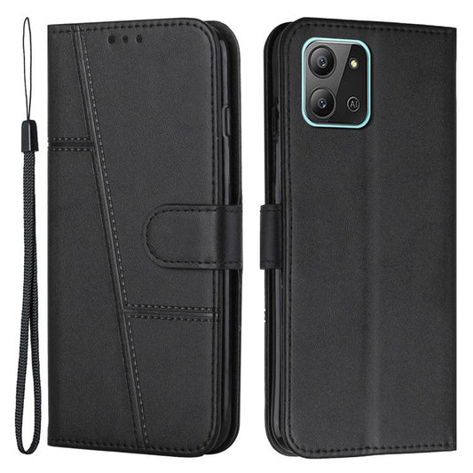 For Infinix Hot 11 2022 4G Foldable Stand Phone Cover Stitching Lines PU Leather + TPU Wallet Case with Strap - Black