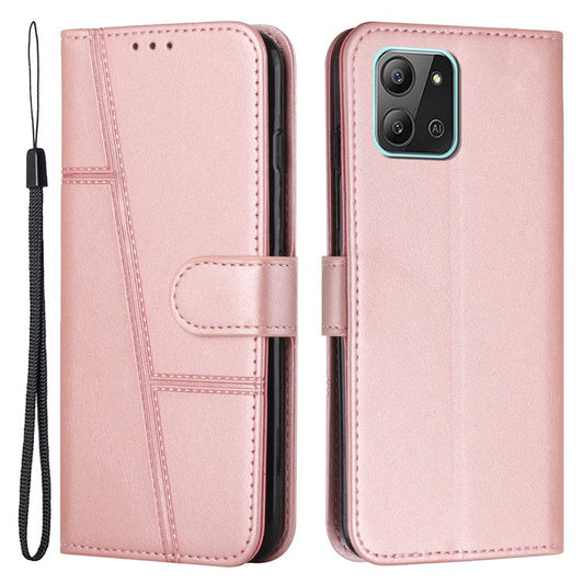 For Infinix Hot 11 2022 4G Foldable Stand Phone Cover Stitching Lines PU Leather + TPU Wallet Case with Strap - Rose Gold