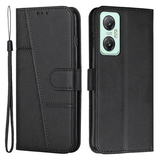 For Infinix Hot 20 5G PU Leather Stitching Lines Phone Stand Case Anti-Scratch Wallet Folio Flip Phone Cover with Strap - Black