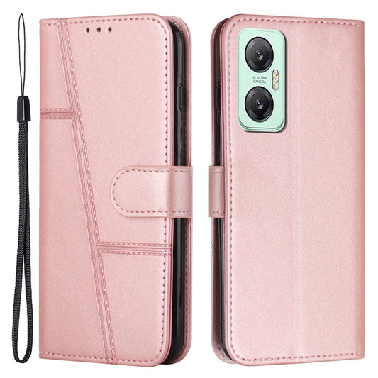 For Infinix Hot 20 5G PU Leather Stitching Lines Phone Stand Case Anti-Scratch Wallet Folio Flip Phone Cover with Strap - Rose Gold