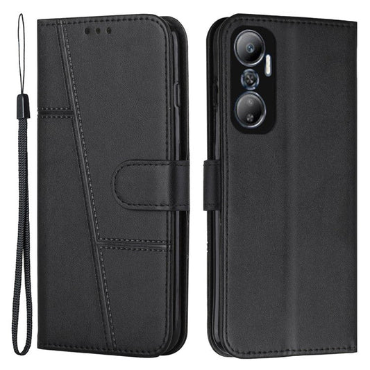 For Infinix Hot 20 4G Stand Wallet Stitching Lines Cell Phone Case PU Leather Magnetic Clasp Protective Cover with Strap - Black