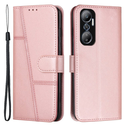 For Infinix Hot 20 4G Stand Wallet Stitching Lines Cell Phone Case PU Leather Magnetic Clasp Protective Cover with Strap - Rose Gold
