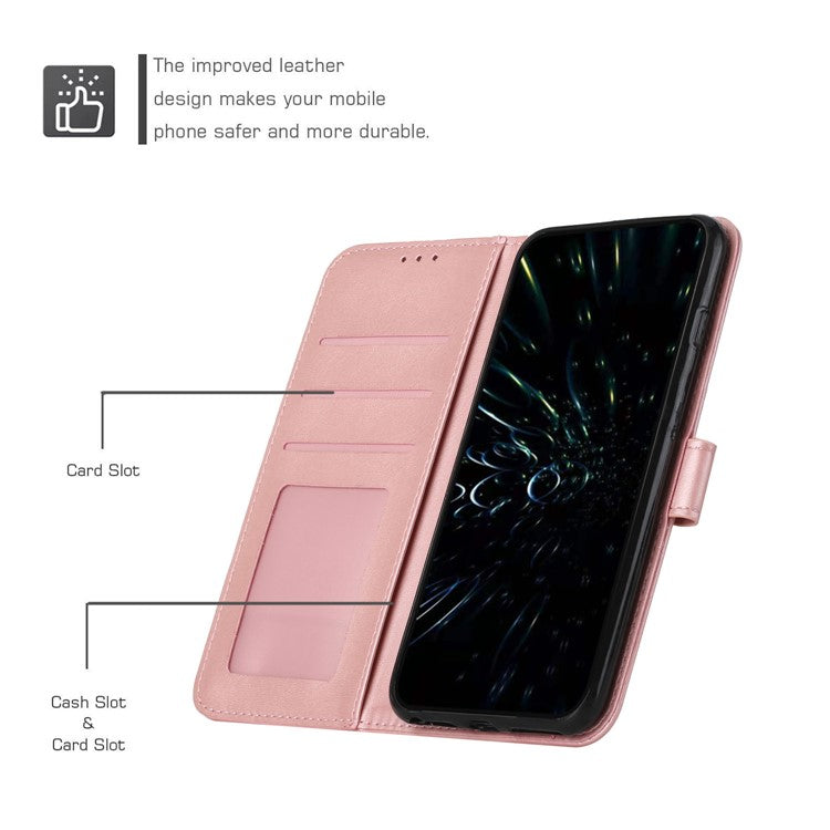 For Infinix Hot 20 4G Stand Wallet Stitching Lines Cell Phone Case PU Leather Magnetic Clasp Protective Cover with Strap - Rose Gold