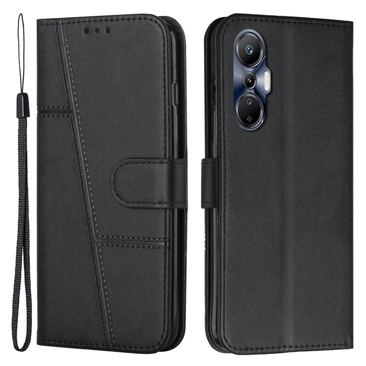 For Infinix Hot 20S 4G Stitching Lines PU Leather Phone Cover Shockproof Wallet Stand Case with Strap - Black