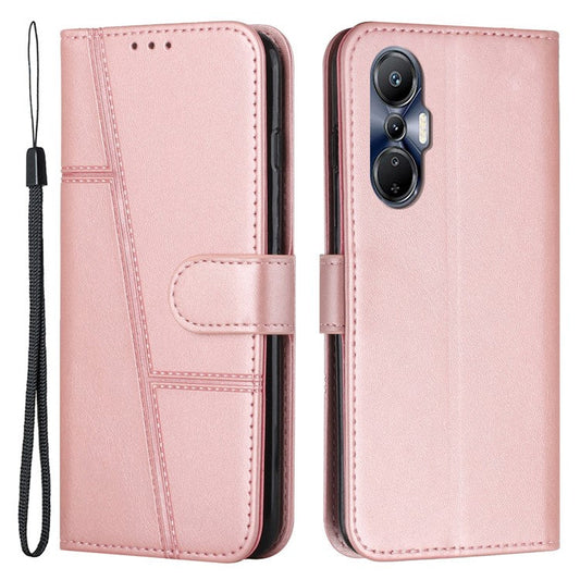 For Infinix Hot 20S 4G Stitching Lines PU Leather Phone Cover Shockproof Wallet Stand Case with Strap - Rose Gold