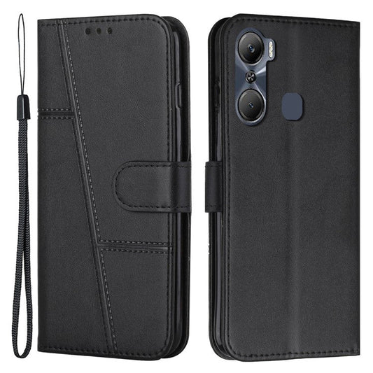 Stitching Design Wallet Stand Case for Infinix Hot 12 Pro 4G, Anti-Scratch PU Leather Magnetic Closure Phone Cover with Strap - Black