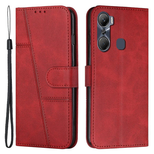 Stitching Design Wallet Stand Case for Infinix Hot 12 Pro 4G, Anti-Scratch PU Leather Magnetic Closure Phone Cover with Strap - Red
