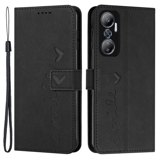 For Infinix Hot 20 4G Skin-Touch PU Leather Wallet Case Stand Feature Imprinted Heart Shape Flip Magnetic Phone Cover with Strap - Black