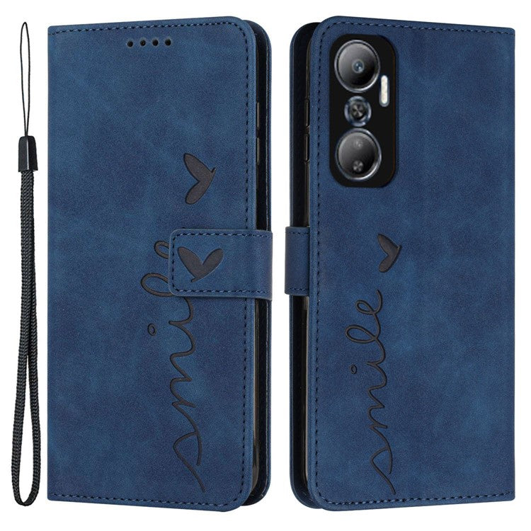For Infinix Hot 20 4G Skin-Touch PU Leather Wallet Case Stand Feature Imprinted Heart Shape Flip Magnetic Phone Cover with Strap - Sapphire