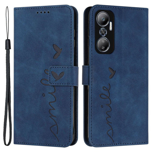For Infinix Hot 20 4G Skin-Touch PU Leather Wallet Case Stand Feature Imprinted Heart Shape Flip Magnetic Phone Cover with Strap - Sapphire