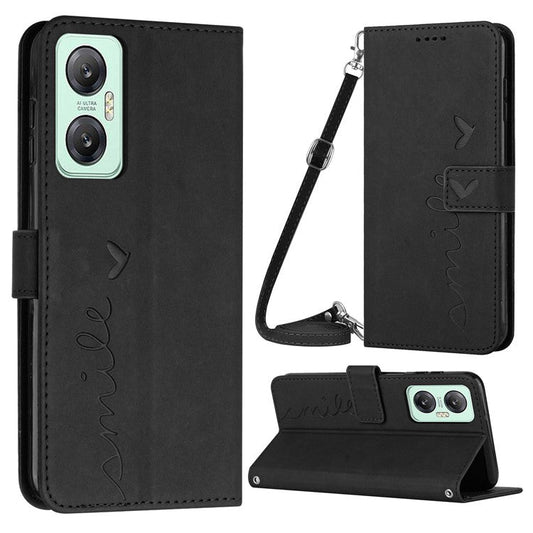 For Infinix Hot 20 5G PU Leather Cover Imprinted Heart Shape Wallet Stand Case with Shoulder Strap - Black